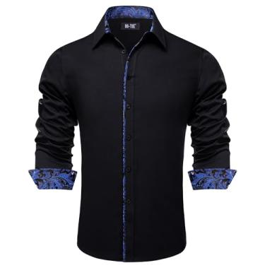 Imagem de Hi-Tie Camisas sociais masculinas de seda jacquard manga longa casual abotoada formal casamento camisa de festa de negócios, Patchwork preto e azul, G