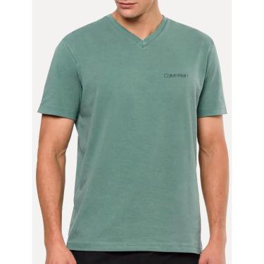 Imagem de Camiseta Calvin Klein Swimwear Masculina V-Neck Slim Fit Logo Verde Médio-Masculino
