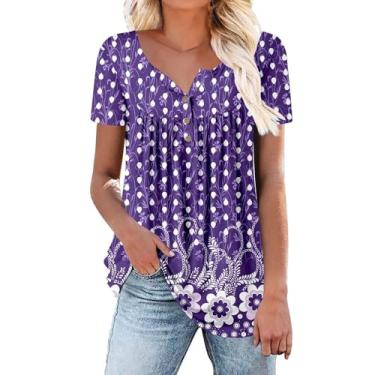 Imagem de Camiseta feminina plissada com estampa floral, manga curta, caimento solto, gola V, botão, túnica, camisa de verão, Bege, P