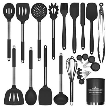 Imagem de Utensílios de cozinha de silicone Conjunto de utensílios de cozinha 23 unidades de aço inoxidável alças antiaderentes sem BPA espátula de metal anti-riscos copos de medição e colher utensílio de cozin