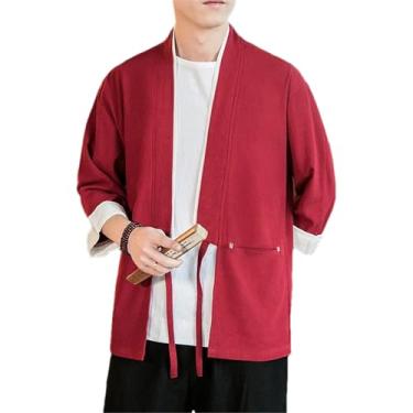 Imagem de Cardigã masculino quimono japonês algodão linho camisa masculina fantasia samurai jaqueta masculina Yukata Haori casaco casual, Vermelho, G