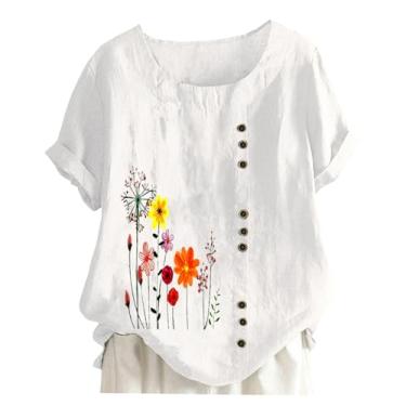 Imagem de Camisetas femininas de verão 2024 de algodão e linho para mulheres, gola redonda, manga curta, blusas modernas com estampa floral, Ofertas relâmpago branco, M