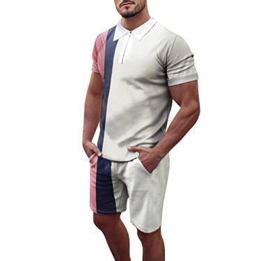 Imagem de Conjunto de blusa masculina de manga curta Ayo Summer manga curta listrada estampada estilo simples calça curta conjunto de camisa com bolso, D1 cáqui, 3GG, D1 cáqui, 3X Large