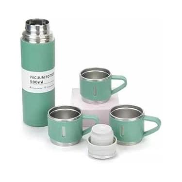 Imagem de Garrafa Térmica Café Água Aço Inox Caneca Bebidas Quentes Isolada Anti Vazamento Viagem com 03 Xícaras Esportivo Trabalho 500 ml (Verde)
