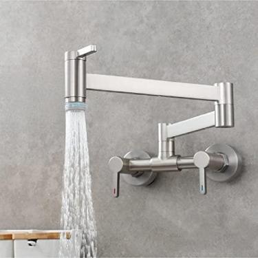 Imagem de Torneira de lavatório quente e fria de três interruptores escovada na parede Torneira de cozinha dobrável com válvula de mistura Torneira de lavatório de banheiro, níquel escovado2