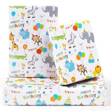 Imagem de AircooL Papel de Embrulho de Aniversário para Crianças, Bebês, Meninas, Meninos, 6 Folhas, Macaco, Leão, Girafa, Jacaré, Zebra, Design de Festa, 51 x 71 cm