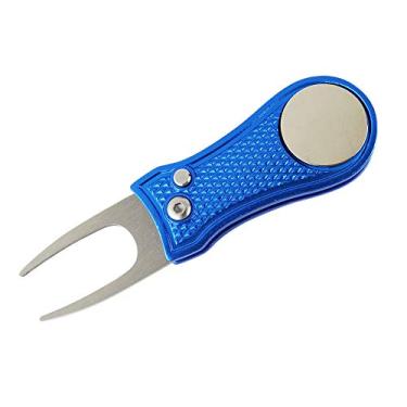 Imagem de Myartte Ferramenta de reparo de divotos de golfe, ferramenta de divoto dobrável, canivete de aço inoxidável com botão pop-up de marcador de bola de golfe destacável de 2 peças (bandeira azul)