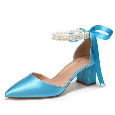 Imagem de Elivandon J1585 Sandália Feminina de Cetim Bico Fino Salto Médio 6cm Bloco Dupla Tira Pérola Noiva Festa Casamento Cor Azul Céu,Tamanho BR 40/EU 42