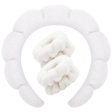 Imagem de Fitas de cabelo de spa para lavar o rosto ou conjunto de pulseiras de maquiagem, faixas de cabelo com bolhas de esponja para cuidados com a pele, acessórios de cabelo para meninas (branca)