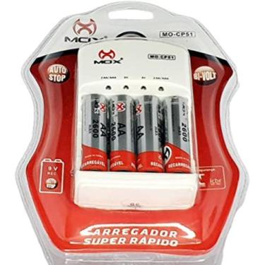 Imagem de Carregador De Pilhas Rápido Bivolt + 4 Pilha Aa Recarregável - Mox