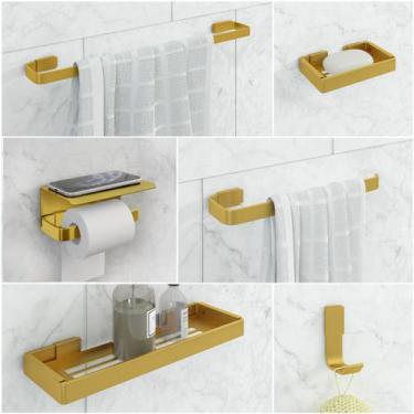Imagem de Kit Acessório Para Banheiro Dourado 6 Peças Suporte Celular - JGC COME