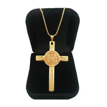 Imagem de Colar Cordão Masculino 70 cm Dourado Pingente Cruz Crucifixo Fé Banhad
