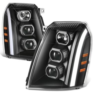 Imagem de DNA MOTORING Par de faróis lentes transparentes/âmbar refletor halógeno/LED compatível com Escalade 2007-2014 / Escalade ESV 2007-2014, HL-LB-CE07-BK-AM