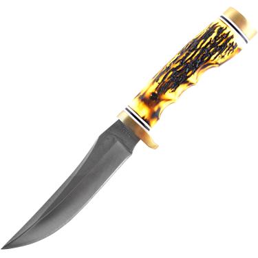 Imagem de Uncle Henry Faca de lâmina fixa Golden Spike 153UH com lâmina SS de 12,7 cm de alto carbono, cabo Staglon, pedra de afiar, emaranhado completo e bainha de couro para caça, despelar,