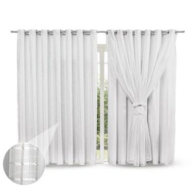 Imagem de Cortina 6 Metros Xadrez Voil Com Forro de Tecido - Branca e Palha - Ca