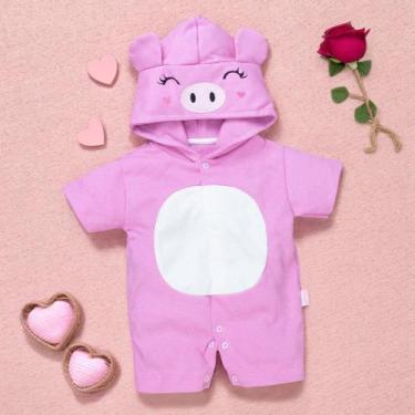 Imagem de Macacão De Bebê Curto Capuz Bichinho Bordado Porquinha Rosa - Era Uma 