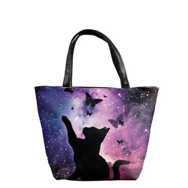Imagem de Sacolas de viagem bolsas de couro para mulheres, bolsa de ombro com zíper, bolsa de ombro feminina com alça superior, Gato roxo, 9.3" x 11.8"