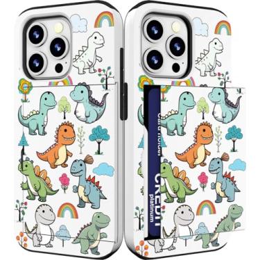 Imagem de IWONE Capa para celular compatível com iPhone 15 Pro fofa com porta-cartão com slot fino para mulheres/dinossauros infantis desenhos animados animais adoráveis árvores arco-íris nuvens