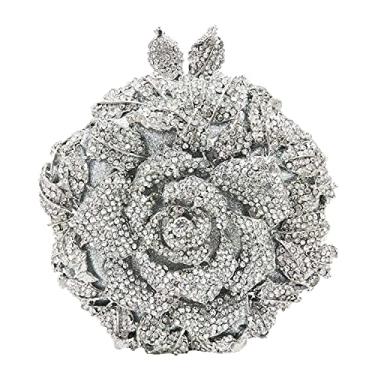 Imagem de Boutique De FGG Bolsas de mão redondas de cristal de flor rosa para mulheres, bolsas formais à noite, bolsa clutch de casamento, bolsas de festa, mini, Prata, Small
