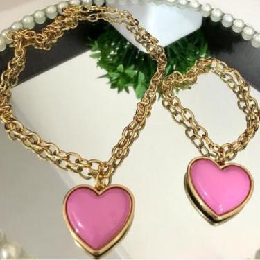 Imagem de Kit cordão e pulseira  coração rosa elo português Banhado a Ouro 18k -