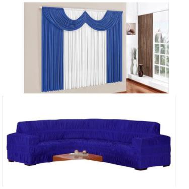 Imagem de Kit Capa Sofá De Canto De Até 5/6 Lugares + Cortina 02 Metros Azul - E