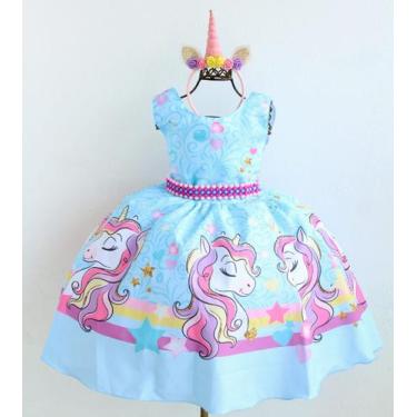 Imagem de Vestido Infantil Unicórnio Azul Luxo E Tiara Chifrinho - Pingo de Gent