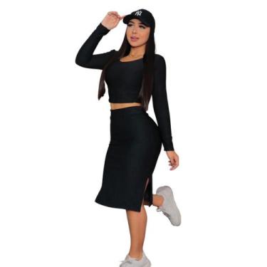 Imagem de Conjunto Blusa Top Manga Longa e Saia Cintura Alta Ajustada - GRINGAS 