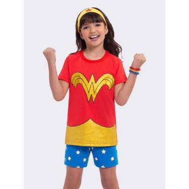 Imagem de Pijama Manga Curta Mulher Maravilha Brilha no Escuro com Tiara - Veggi