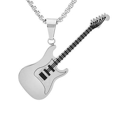 Imagem de Magna Steel Colar masculino com pingente de guitarra elétrica rock de aço inoxidável com corrente de 61 cm e 3 mm, Metal