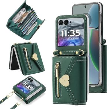 Imagem de YQODSZ Capa carteira para Motorola Razr 2024 com alça transversal, capa flip para Motorola Razr 50 porta-cartão de crédito fivela em forma de coração mulheres meninas capa protetora de couro para