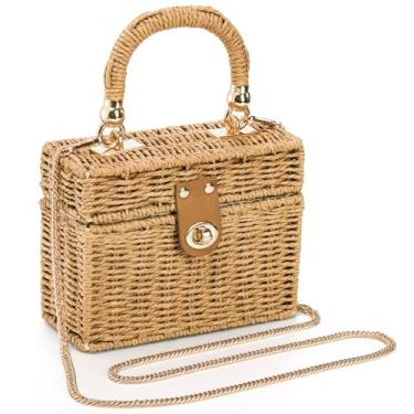 Imagem de Noamus Bolsa quadrada de palha, bolsa vintage feminina de vime, bolsa transversal de vime feita à mão, bolsa boho com alça de ombro removível para férias casuais de verão na praia chique, Marrom,