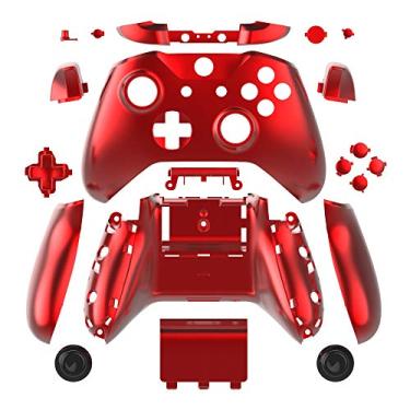 Imagem de Capa de cor cromada para WPS com conjunto completo de placas de rosto + botões ABXY + amortecedores RB LB + trilhos direito/esquerdo para Xbox One S Slim (conector de fone de ouvido de 3,5 mm) controladores para a versão 1708, Chrome Red