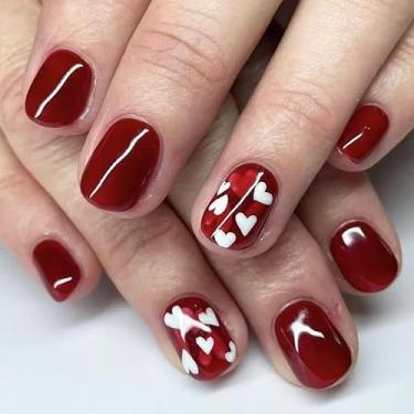 Imagem de JNRNALI Valentines Burgundy Press On Nails Short Square, Unhas Postiças Curtas Cobertura Total Unhas Postiças, Unhas De Gel Unhas De Acrílico Press Ons, Unhas Brilhantes Coladas Kit De Unhas Reutili