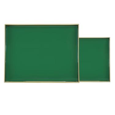 Imagem de Conjunto de 2 bandejas retangulares verdes esmeraldas, bandejas decorativas de plástico com alças, bandejas de festa para comida, mesa de centro, otomano, banheiro e sala de estar