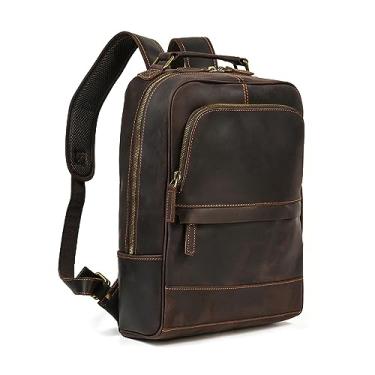 Imagem de Mochila de couro masculina vintage, mochila retrô de couro para homens, mochila grande clássica de viagem para laptop(Double layer Dark)