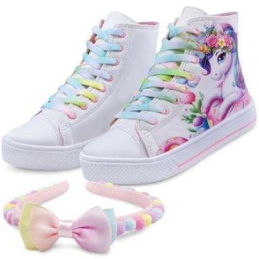 Imagem de Kit Tênis Botinha Unicórnio Menina Cano Alto Branco/Colorido Mz Shoes-Feminino