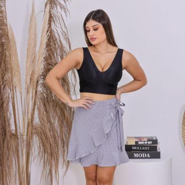 Imagem de Saia Feminina Curta Listrada Trespassada com Amarração e Babados - SML