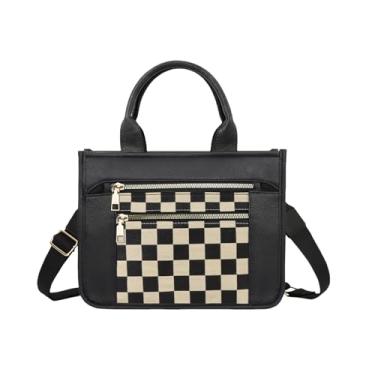 Imagem de WJCD Bolsa feminina elegante de couro vegano, bolsa de mão para mulheres, xadrez, listrada, alça ajustável, durável, leve, Padrão preto e tabuleiro de xadrez