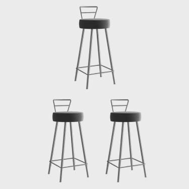 Imagem de Kit 03 Banqueta Alta Com Encosto Tina Eiffel Cozinha Bar Bistrô Ferro Cinza Suede Cinza - Ahz Móveis