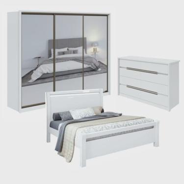 Imagem de Quarto com Guarda-Roupa 3 Espelhos 3 Portas 6 Gavetas, Cômoda Urban 8 Gavetas e Cama Reali Branco