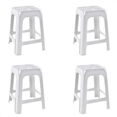Imagem de 4 Banquetas Banco Plástico Resistente Branco Empilhável 46Cm