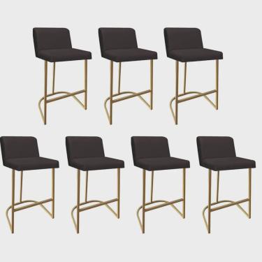 Imagem de Kit 07 Banquetas Com Encosto Noah Luxo Confort Bistrô Cozinha Ferro Dourado Sintético Marrom - Ahz Móveis