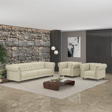 Imagem de Conjunto Sala de Estar 1 Sofá Living 240cm e 2 Poltronas Stanford Chesterfield Pés Madeira Couro Off White G58 - Gran Belo