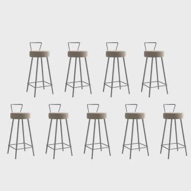 Imagem de Kit 09 Banqueta Alta Com Encosto Tais Eiffel Cozinha Bar Bistrô Ferro Prata Sintético Bege - Ahz Móveis