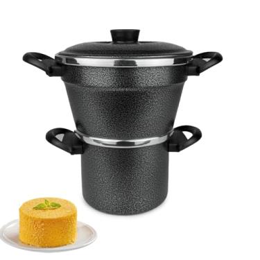 Imagem de Cuscuzeiro Nordestino Duplo N16 com Tampa Leiteira e Caneco Fervedor Faz Cuscuz Legumes (Cuscuzeiro Preto Craqueado)