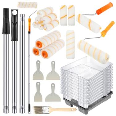Imagem de Qilery Kit de rolo de pintura de 31 peças com rolo de haste de extensão, inclui rolos de pintura de 10 cm e bandeja de suporte de pincel com forros descartáveis, facas de limpeza angulares para
