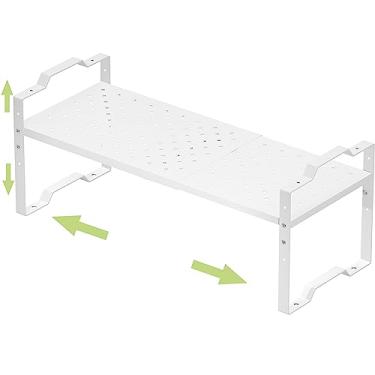 Imagem de Jojocross Prateleira expansível para organizador de armário rack de especiarias empilhável ajustável na cozinha e banheiro mais, bancada de balcão organização de armário armazenamento de despensa, placa de metal com furo (1 pacote/branco, médio)