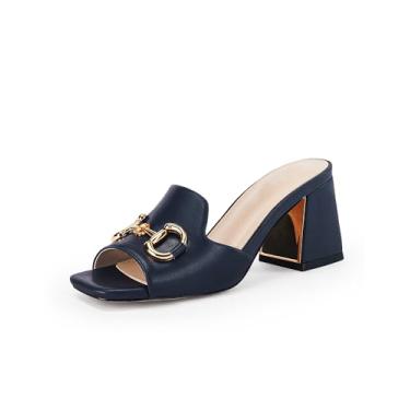 Imagem de gihubafuil Sandálias Femininas Peep Toe, Salto Grosso, Mules, Tira Única, Calçados Confortáveis Sem Cadarço Com Corrente De Metal Para Primavera E Verão