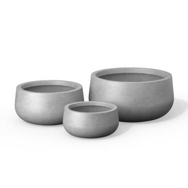 Imagem de Kante Plantador de bonsai de concreto redondo com orifício de drenagem, vaso grande para plantas internas e externas, adequado para pátio, jardim, casa, cinza concreto