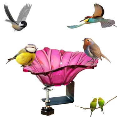 Imagem de Grishay Petal Bird Joy, com braçadeira de metal resistente ajustável para alimentador de pássaros, tigela de banho ao ar livre, grade de varanda de fácil montagem, braçadeira de cerca de banheiras de
